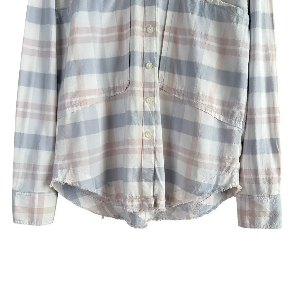 Free People Loveland Plaid Button Down Shirt Top White Pastel Pink Blue, Size XS